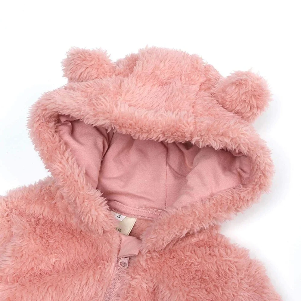 Warm Newborn Pink Baby Snowsuit Cotton Fleece Hooded Romper Bear Pattern 0-3M